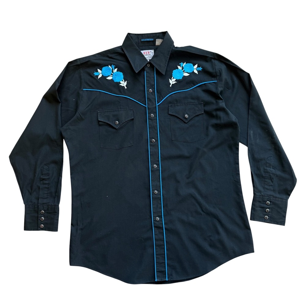 Ely Diamond Mens Western Pearl Snap Shirt Black Blue Rose Floral Embroidery L